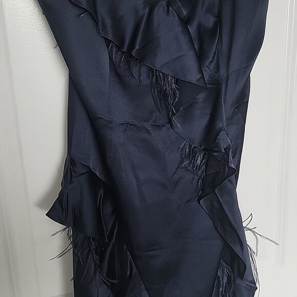 Cinq a Sept Gigi Ruffle and Ostrich Feather Silk Dress, Navy, 4 - Picture 4 of 8